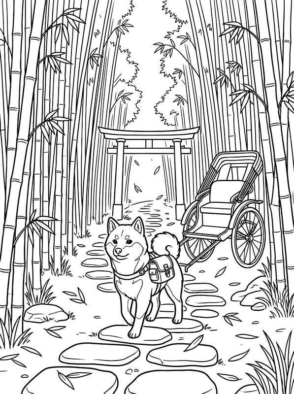 Line art of a Shiba Inu with a backpack standing on a stone path by a rickshaw, surrounded by tall Kyoto bamboo stalks.