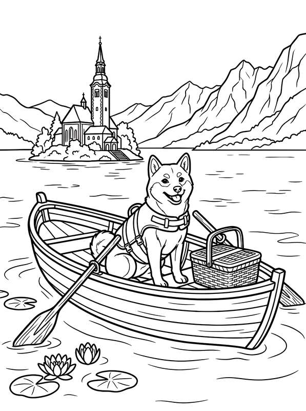 Line art of a Shiba Inu in a life vest sitting in a rowboat with a basket, with a church on an island and mountains beyond.