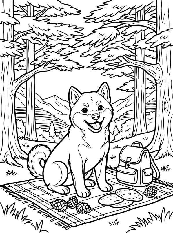 Line art of a smiling Shiba Inu sitting on a picnic blanket with a backpack, pinecones, and cookies in a forest setting.