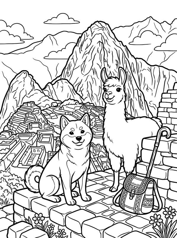 Line art of a Shiba Inu and a llama posing on stone walls at Machu Picchu with mountains and ancient ruins in the background.