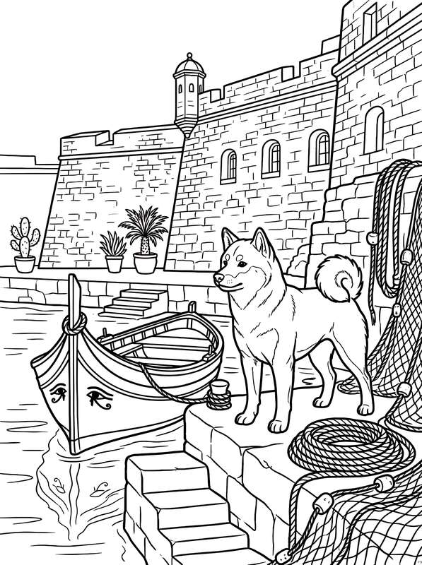 Line art of a Shiba Inu standing on a stone pier next to a parked boat with an eye symbol near an old stone fortress.