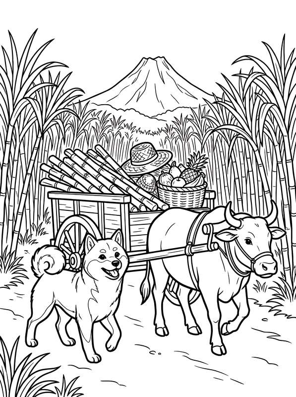 Line art of a Shiba Inu and an ox pulling a wooden cart filled with sugarcane and fruit, set in a field with a mountain.