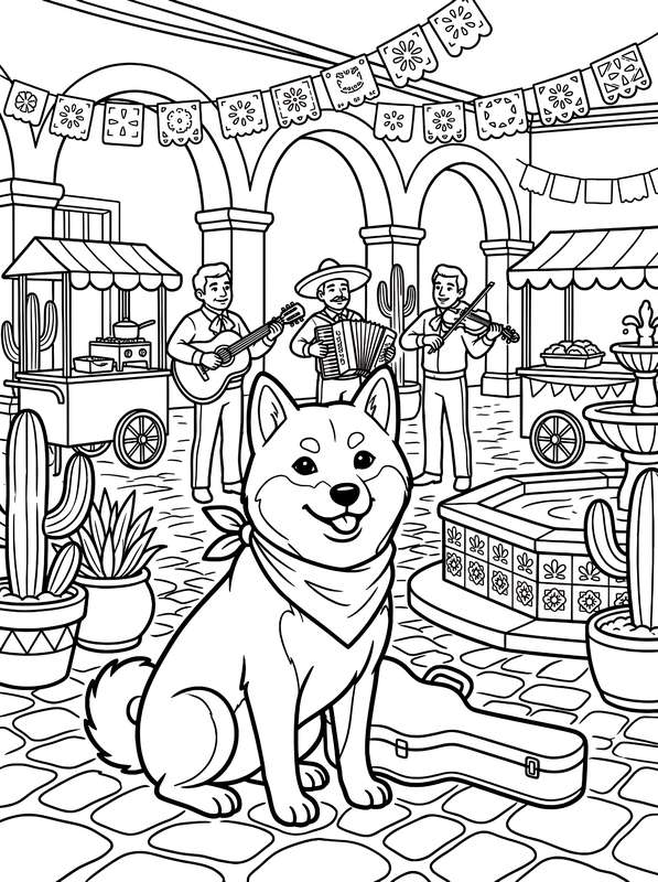 Line art of a Shiba Inu wearing a bandana sitting in a Mexican plaza with a mariachi band, a fountain, and cacti nearby.