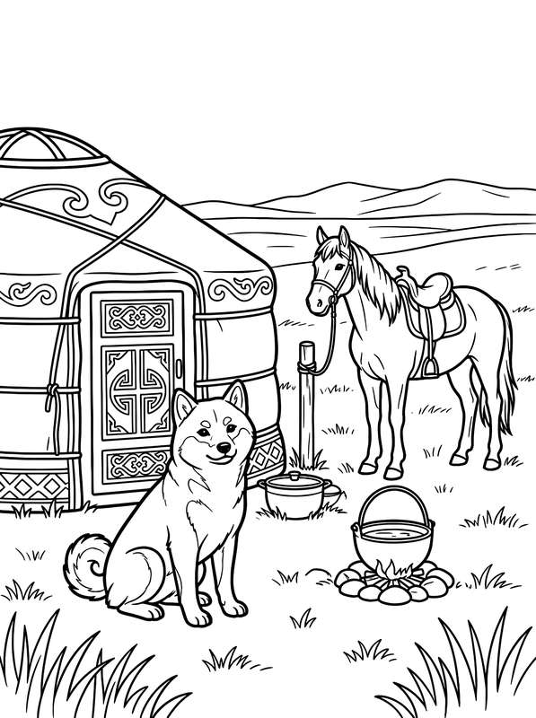 Line art of a Shiba Inu sitting in front of a decorated Mongolian yurt with a saddled horse and a cauldron over a fire.
