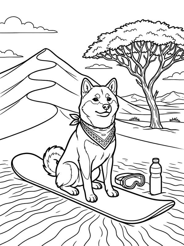 Line art of a Shiba Inu sitting on a sandboard in a desert, with a desert tree, sand dunes, goggles, and a water bottle.