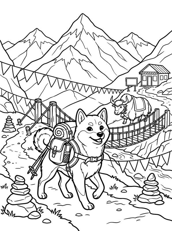 Line art of a Shiba Inu with a backpack standing on a mountain trail near prayer flags, a suspension bridge, and a yak.