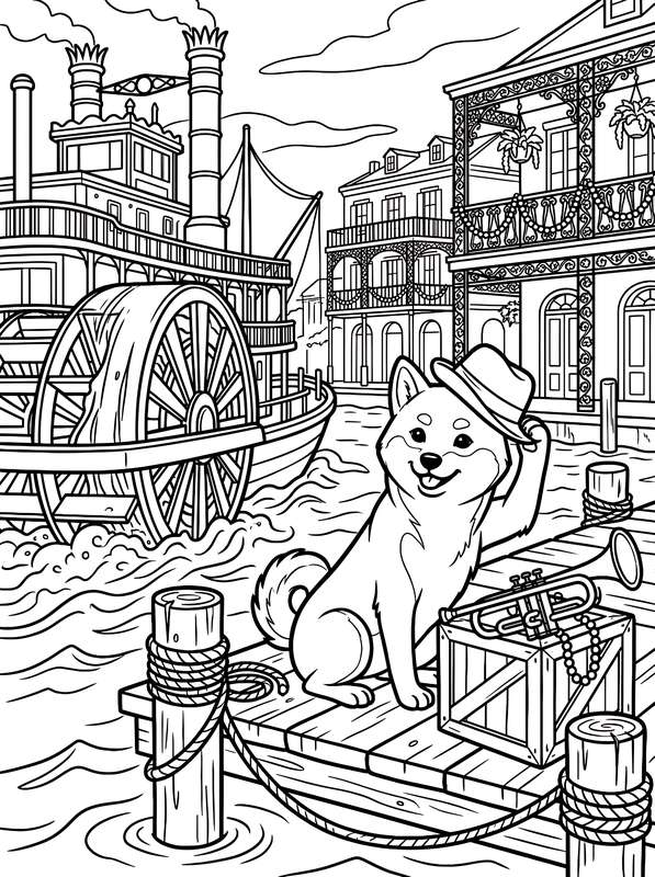 Line art of a Shiba Inu wearing a hat sitting on a dock near a steamboat, with a trumpet on a crate nearby.