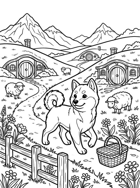 Line art of a Shiba Inu standing in a lush village with round-door earthen houses, rolling hills, sheep, and a basket.