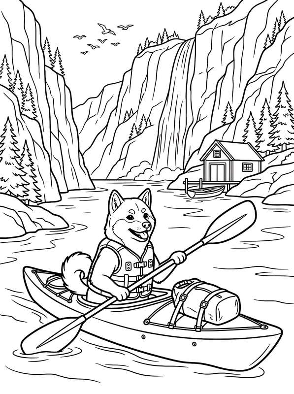 Line art of a Shiba Inu in a life vest kayaking in a fjord with a waterfall, forest, and a small cabin in the background.