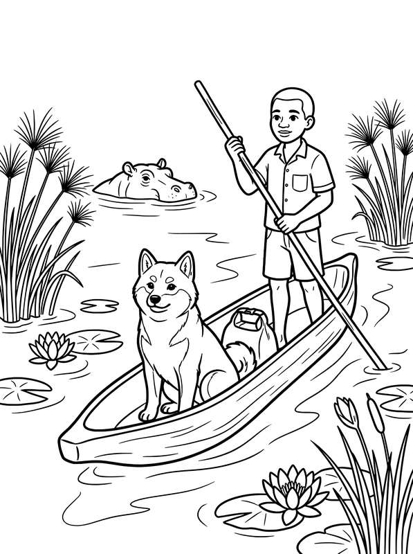 Line art of a Shiba Inu sitting in a canoe with a person poling through a river with water lilies, reeds, and a hippopotamus.