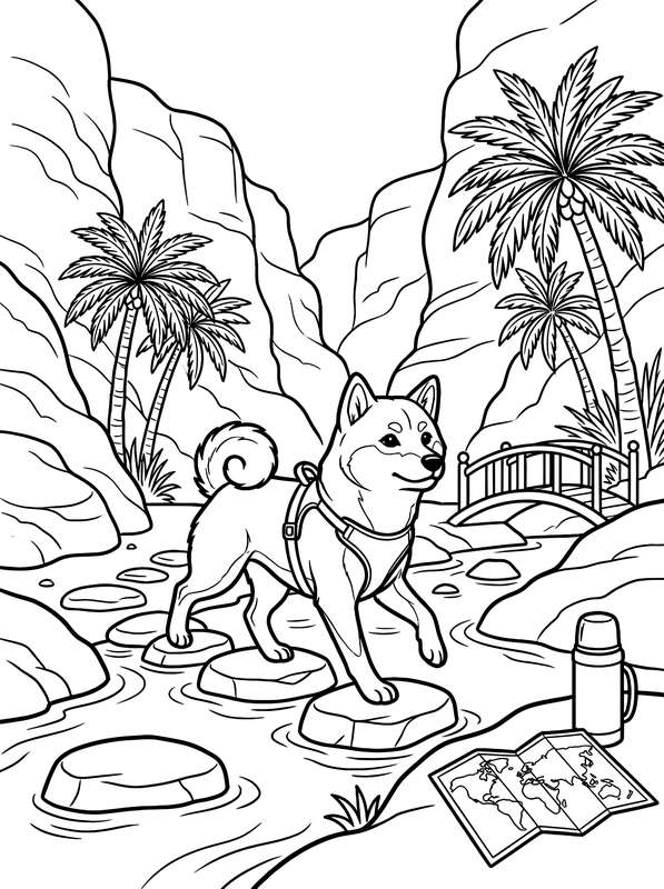 Line art of a Shiba Inu on stepping stones in an oasis with palm trees, a small bridge, a thermos, and an open map.
