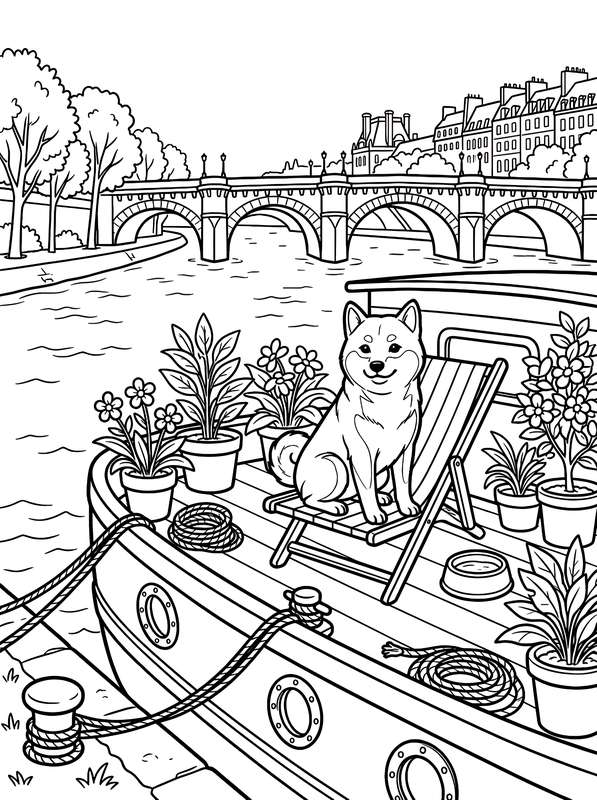 Line art of a Shiba Inu sitting on a deck chair on a houseboat, surrounded by potted plants, with a stone bridge and buildings.
