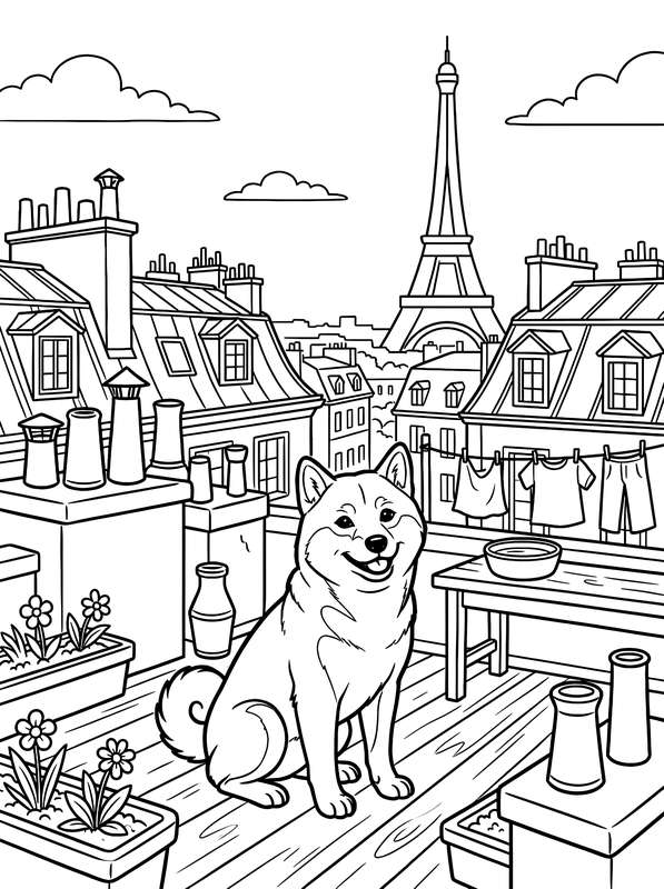 Line art of a smiling Shiba Inu sitting on a Parisian rooftop with the Eiffel Tower in the background, chimneys, and pots.