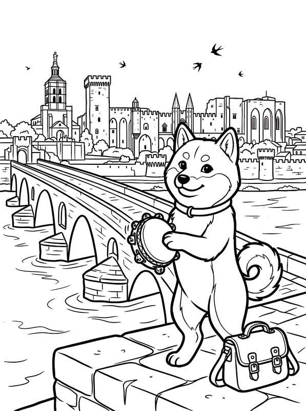 Line art of a cartoon Shiba Inu standing on a stone bridge, holding a tambourine with a satchel sitting on the ground nearby.