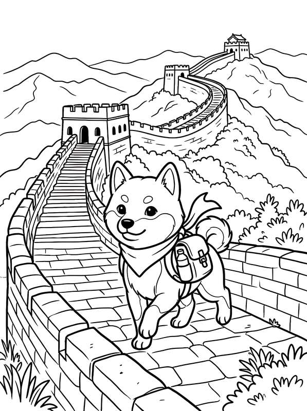 Line art of a cartoon Shiba Inu dog with a backpack standing on the Great Wall of China with mountainous scenery behind.