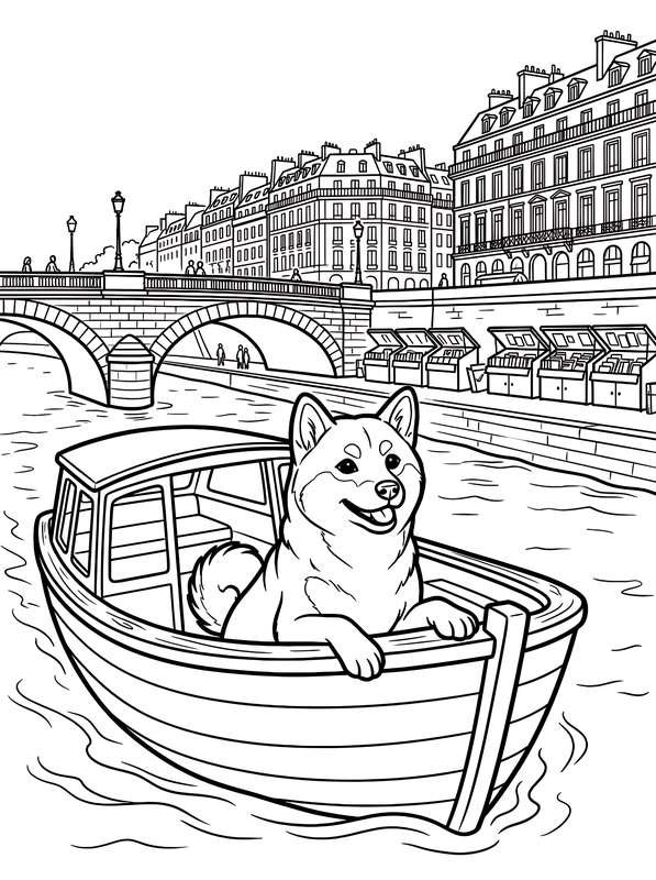 Line art of a smiling Shiba Inu dog sitting in a small boat on a river, with a stone bridge and Parisian city buildings.