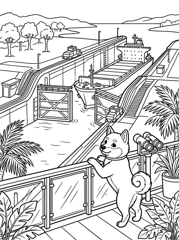 Line art of a Shiba Inu leaning on a railing observing a cargo ship in the Panama Canal locks with palm trees in view.