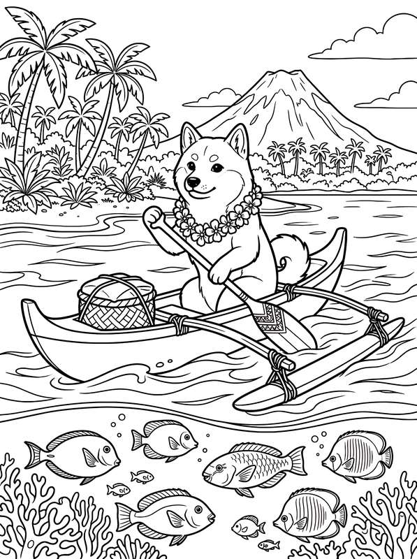 Line art of a Shiba Inu in a Polynesian outrigger canoe on the water, with palm trees, a volcano, and fish below the boat.