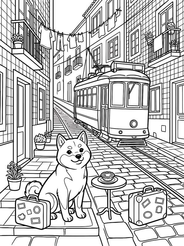 Line art of a Shiba Inu sitting next to two suitcases on a European street with a historic tram and laundry hanging above.