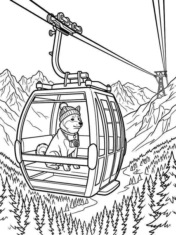 Line art of a Shiba Inu in a knitted beanie and camera sitting inside a glass cable car moving above a pine forest and mountains