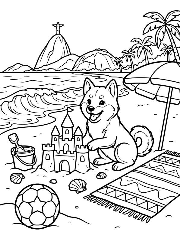 Line art of a Shiba Inu sitting next to a sandcastle on a beach with an umbrella, soccer ball, and Rio's mountains nearby.