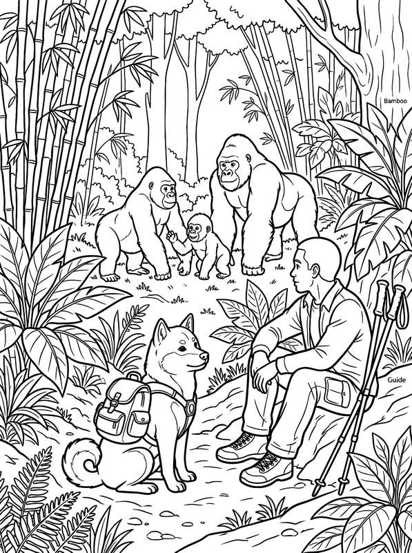 Line art of a Shiba Inu with a backpack sitting next to a human guide, observing a family of three gorillas in a forest.