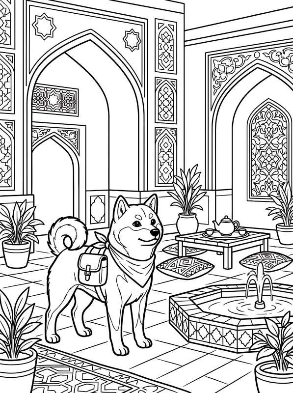 Line art of a Shiba Inu wearing a bandana and backpack in a courtyard with a fountain, tea set, and arched tile walls.