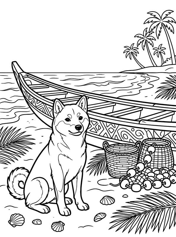 Line art of a Shiba Inu sitting on a beach in front of a wooden boat, with palm trees, wicker baskets, and seashells.
