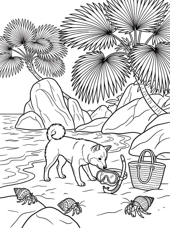 Line art of a Shiba Inu on a beach with palm trees, hermit crabs, a beach bag, and snorkeling gear.