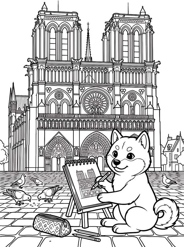 Line art of a Shiba Inu sitting on a city plaza with an easel and sketchbook, with Notre-Dame Cathedral in the background.