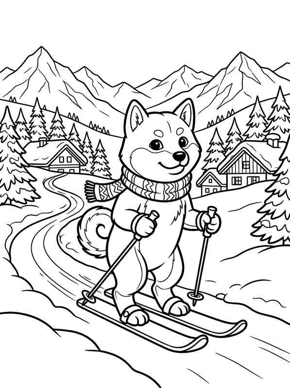 Line art of a cartoon Shiba Inu wearing a scarf while skiing down a snowy mountain path near cozy cottages and pine trees.