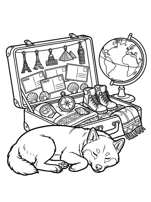 Black and white line art of a Shiba Inu sleeping in front of a suitcase containing travel souvenirs, postcards, and a globe.