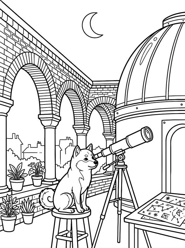 Line art of a Shiba Inu sitting on a stool and looking through a telescope on a terrace at night under a crescent moon.