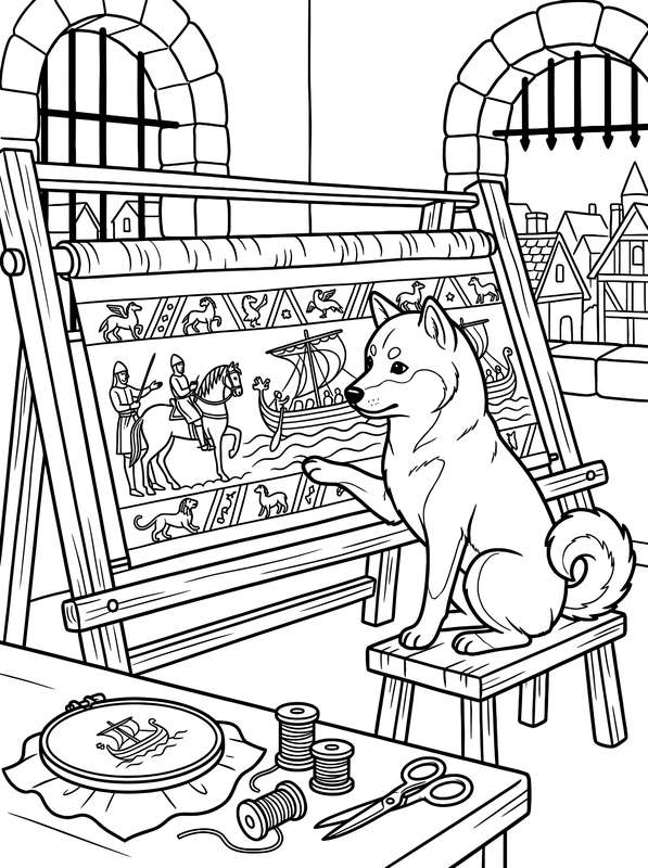 Line art of a Shiba Inu sitting by a large embroidery frame featuring a medieval tapestry with knights, horses, and ships.