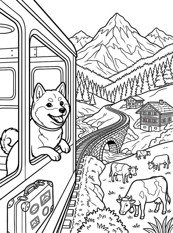 Line art of a Shiba Inu leaning out of a train window next to a suitcase, overlooking a mountain landscape with cows.