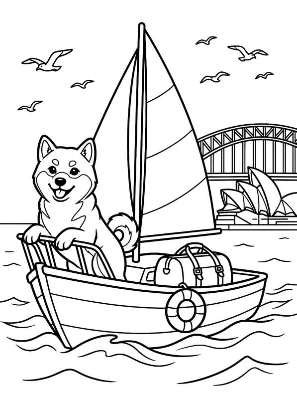 Line art of a Shiba Inu on a sailboat with a duffel bag, with the Sydney Opera House and Harbour Bridge in the background.