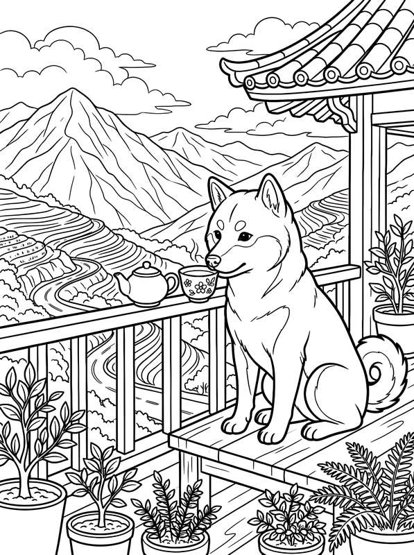 Line art of a Shiba Inu sitting on a wooden porch with tea and potted plants, overlooking tiered tea mountains.