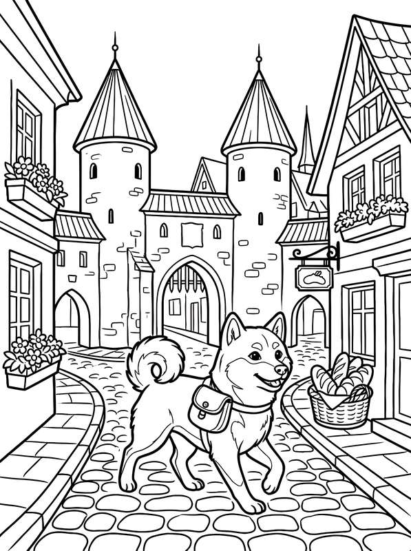 Line art of a Shiba Inu with a shoulder bag walking down a European style cobblestone street with a large stone gate.