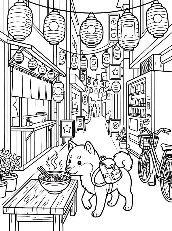 Line art of a Shiba Inu with a backpack standing next to a table with a bowl of ramen on a street lined with paper lanterns.