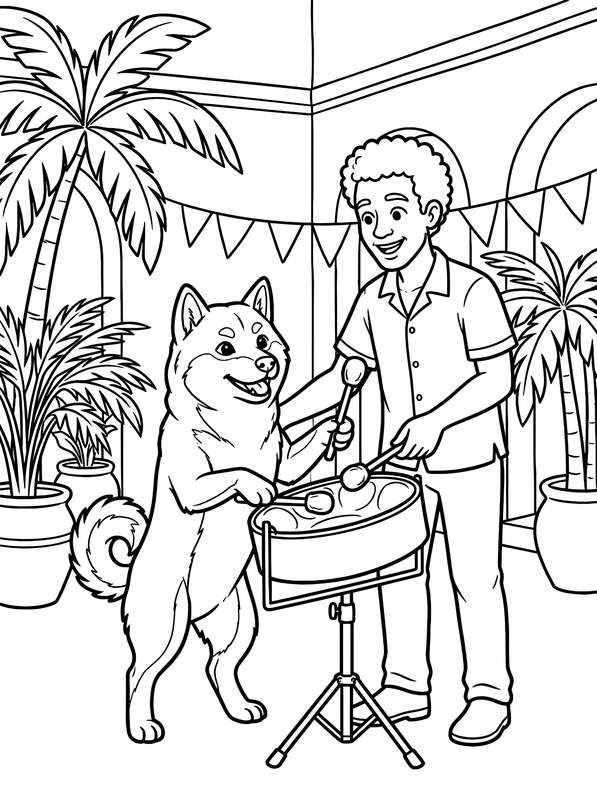 Line art of a man teaching a smiling Shiba Inu dog how to play a steel pan drum, with palm trees and bunting in the background.