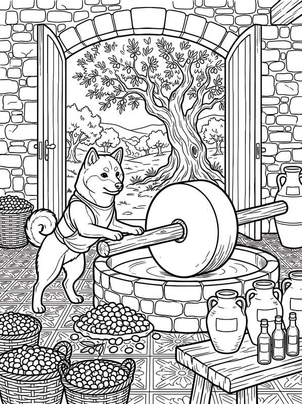 Line art of a Shiba Inu in a rustic building pushing a stone olive grinding wheel, with olive trees visible through an open doorway.