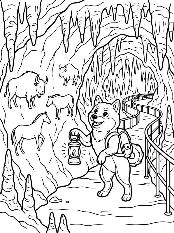 Line art of a cartoon Shiba Inu with a backpack holding an old-fashioned lantern in a cave with stalactites and animal art.