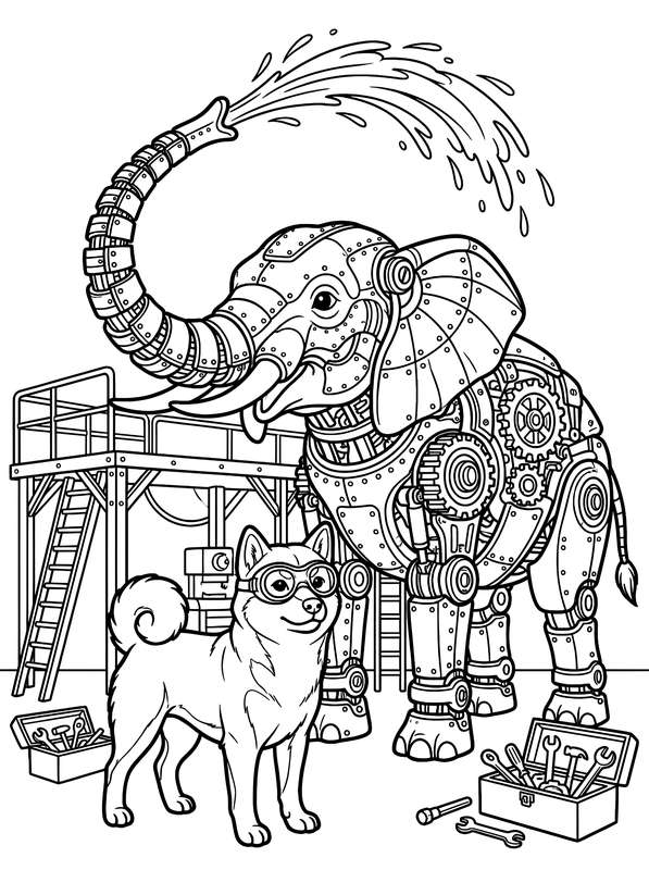 Line art of a Shiba Inu dog in goggles standing by a large steampunk elephant robot with gears and a toolbox nearby.