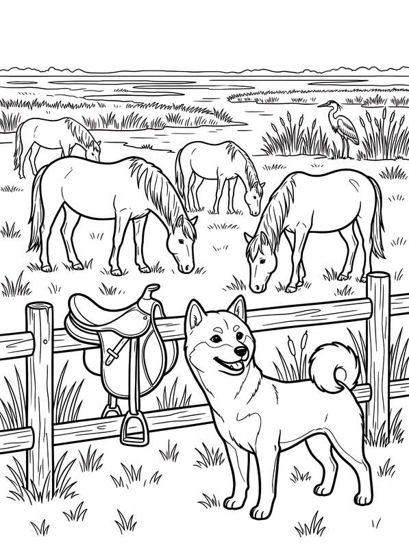 Line art of a smiling Shiba Inu standing in front of a wooden fence with a saddle on it, with three grazing horses nearby.