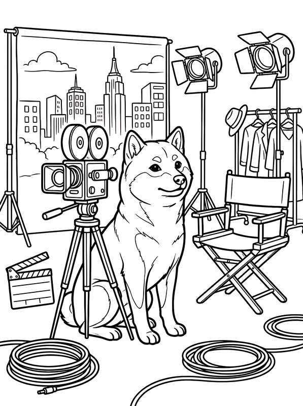 Line art of a Shiba Inu sitting in front of a film camera on a tripod, with lighting equipment, a city backdrop, and props.