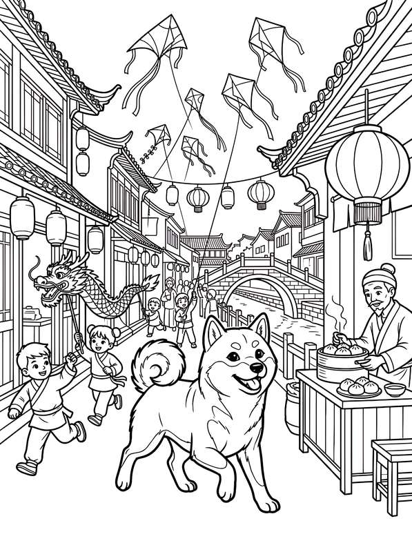 Line art of a busy ancient street with a dog in the foreground, children flying kites, and a food stall serving steamer buns.