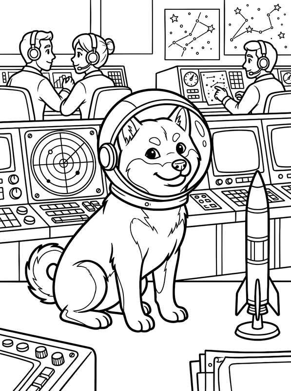Line art of a Shiba Inu in a space helmet sitting in a mission control room with ground crew and computer terminals.