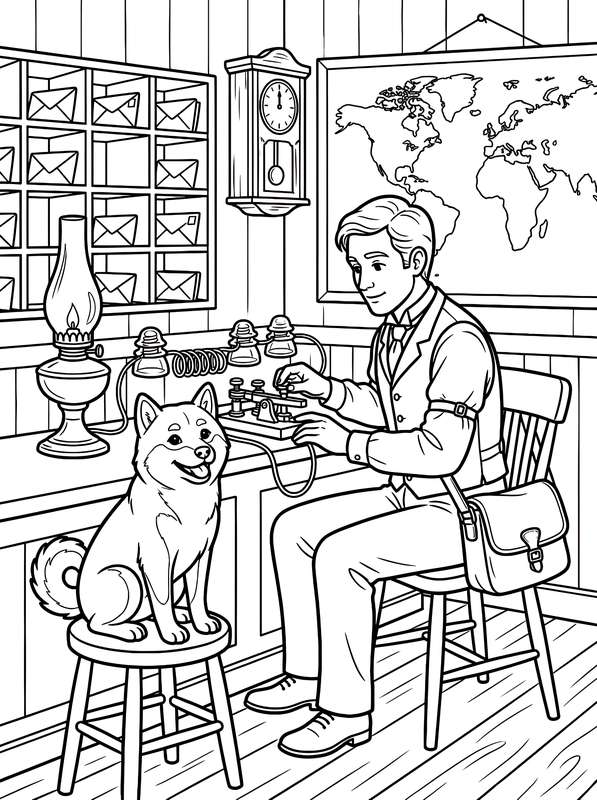 Line art of a man in a vest using a telegraph machine at a desk with a shiba inu dog sitting on a stool next to him.