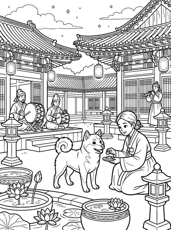 Line art of a dog receiving a treat from a woman in a courtyard with traditional buildings, stone lanterns, and lotus flowers.