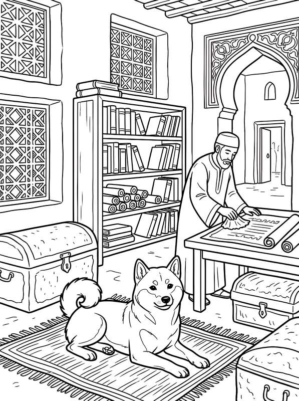 Line art of a Shiba Inu resting on an ornate rug in a library, with a man standing at a desk holding a document nearby.